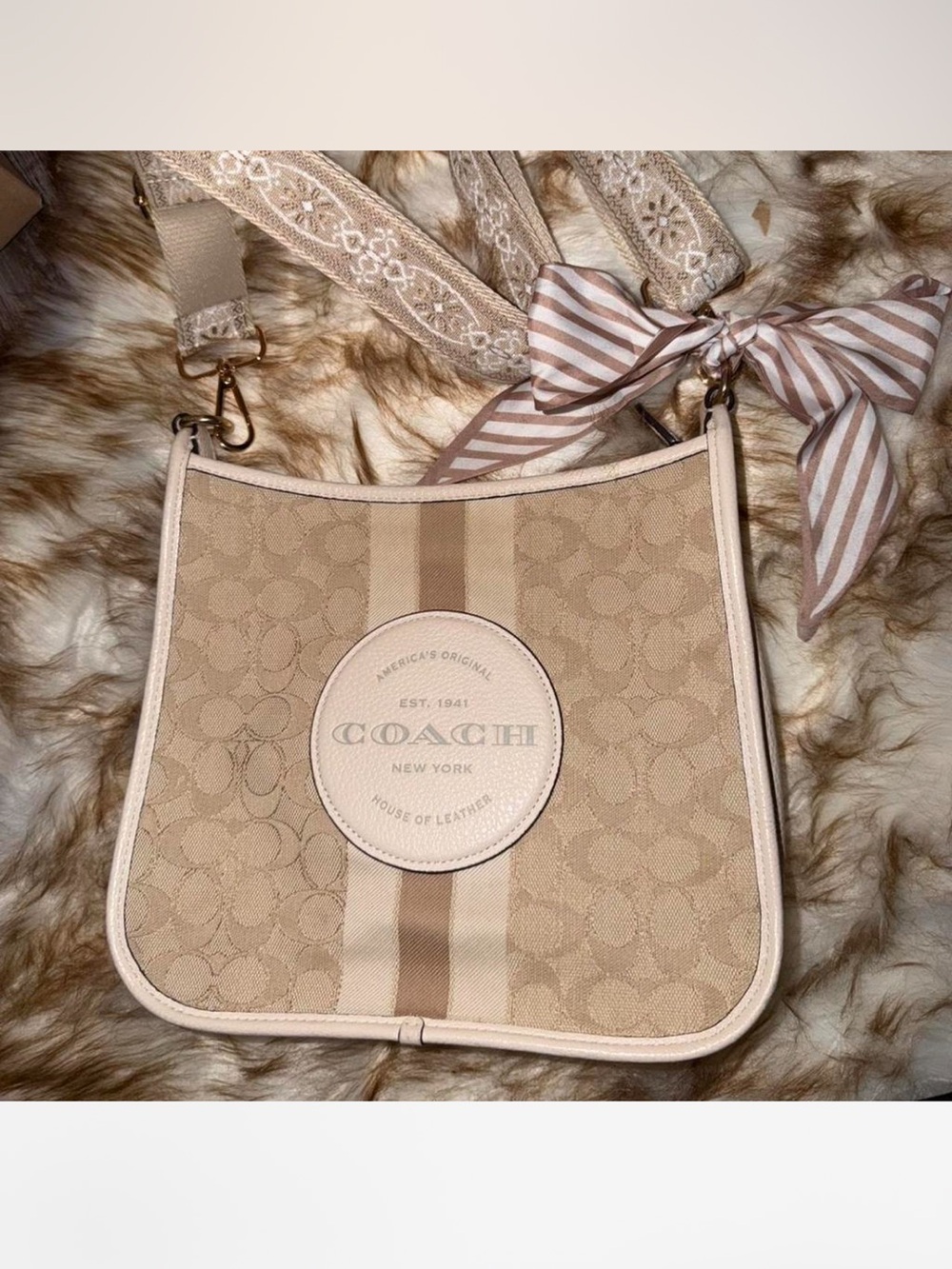 💕 Coach Dempsey File Bag Signature Jacquard Striped Bow Gold Floral Strap Purse